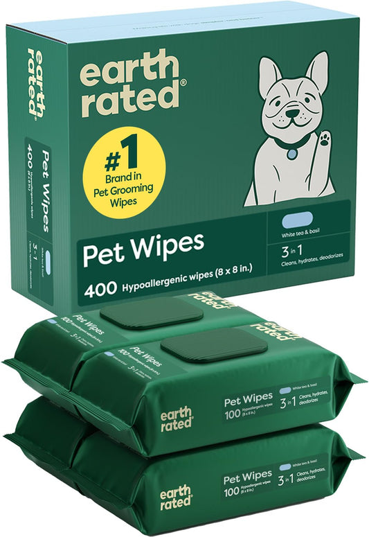 Earth Rated (A Canadian Company) Pet Wipes for Dogs and Cats, Hypoallergenic, 3-in-1 Cleaning, Deodorizing and Hydrating, for Grooming Paws, Body and Butt, New White Tea and Basil Scent, 400 Count
