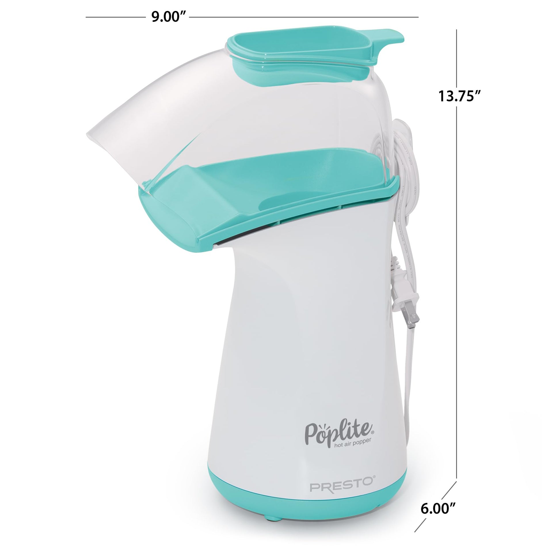 Presto 04869 Poplite Hot Air Popcorn Popper - Built-In Measuring Cup + Melts Butter, Easy to Clean, Built-In Cord Wrap, 18 Cups, Aqua/White Presto