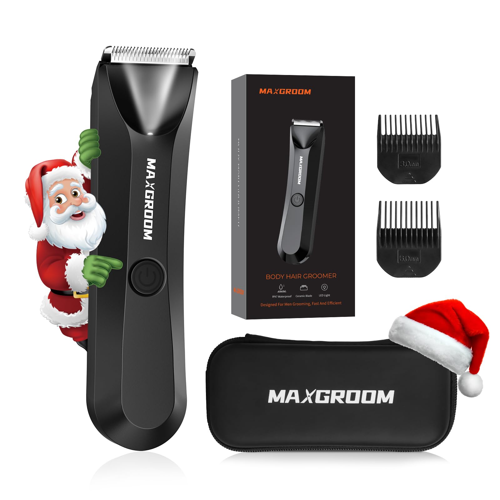 MAXGROOM Manscape Body Hair Trimmer for Men, Waterproof Pubic Hair Trimmer, Electric Razor Men with LED Light, 3mm & 6mm Guide Comb and Travel Pouch - Available at All In One Marketplace Canada