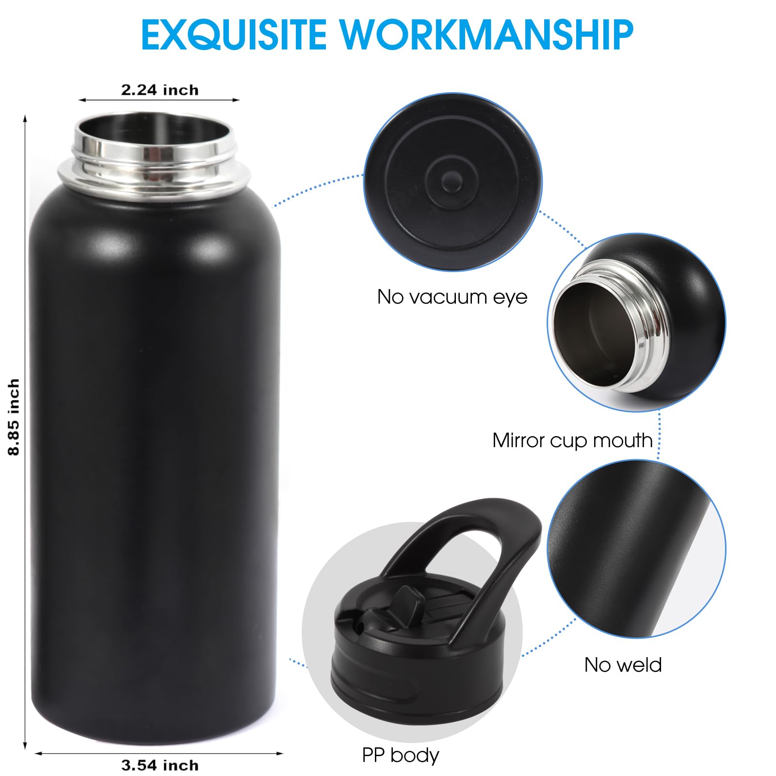 Insulated Water Bottle, 32oz Vacuum Stainless Steel Metal Sports Water Bottles with Stickers, Straw & Spout Lid (2 Lids), Double Walled to Keeps Hot and Cold, Leak Proof, BPA-Free, 32oz (Black) - Available at All In One Marketplace Canada