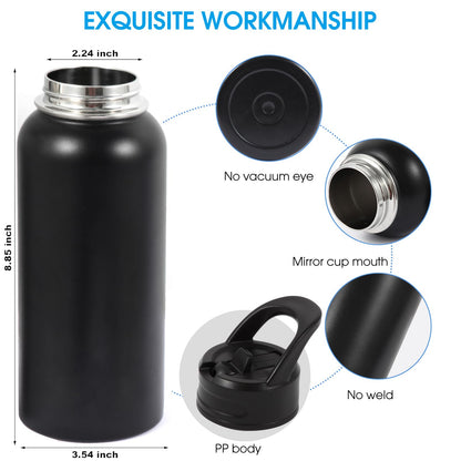 Insulated Water Bottle, 32oz Vacuum Stainless Steel Metal Sports Water Bottles with Stickers, Straw & Spout Lid (2 Lids), Double Walled to Keeps Hot and Cold, Leak Proof, BPA-Free, 32oz (Black) - Available at All In One Marketplace Canada