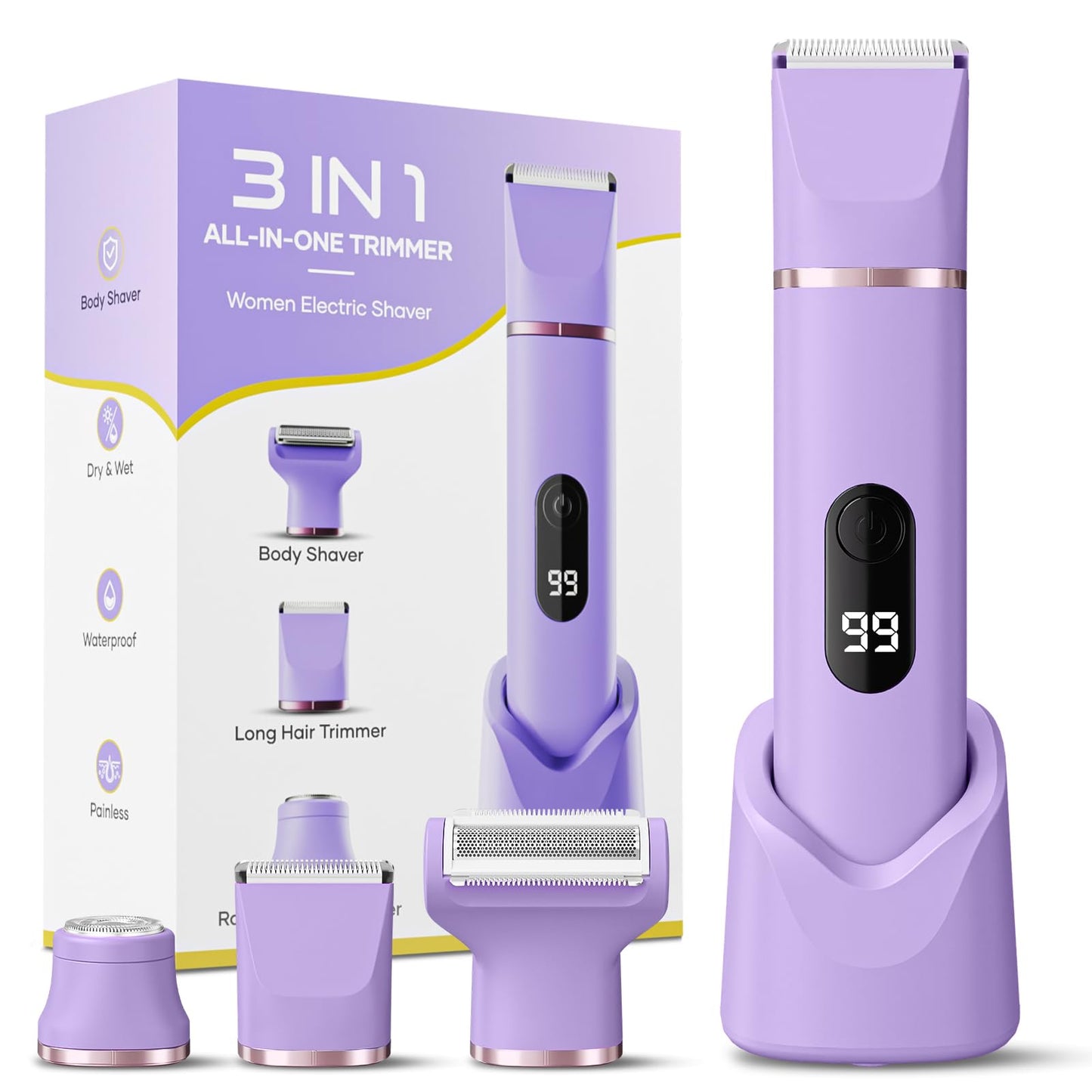 Electric Bikini Trimmer for Women - Tiovara Painless Electric Shaver,Cordless Electric Razors IPX7 Waterproof Pubic Hair Removal with USB Charge Dock for Bikini Underarm Leg Arm Body Face Silk Skin