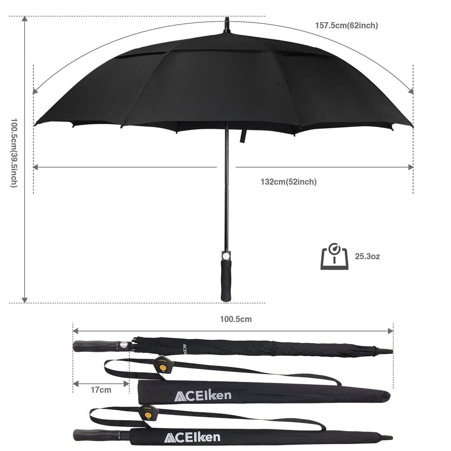 ACEIken Golf Umbrella Windproof Large 62 Inch, Double Canopy Vented, Automatic Open, Extra Large Oversized,Sun Protection Ultra Rain & Wind Resistant Stick Umbrellas, Black