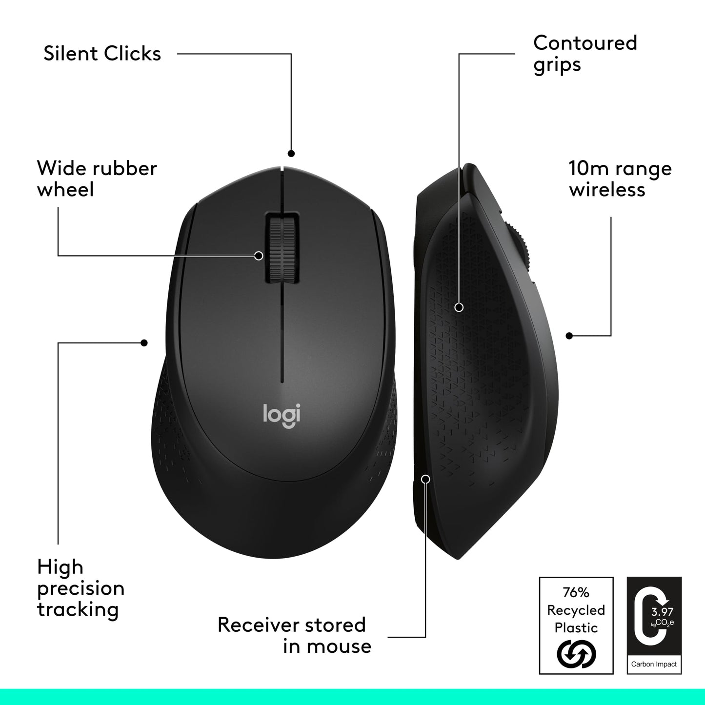 Logitech M330 Silent Wireless Mouse, 2.4GHz with USB Receiver, Optical Tracking, Quiet & Lightweight, Long Battery Life, for PC, Mac, Laptop, Chromebook - Black