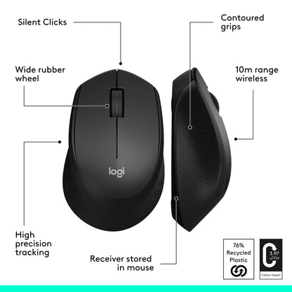 Logitech M330 Silent Wireless Mouse, 2.4GHz with USB Receiver, Optical Tracking, Quiet & Lightweight, Long Battery Life, for PC, Mac, Laptop, Chromebook - Black
