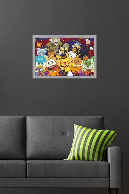 Pokémon : Fête d'Halloween - Affiche murale de groupe, 22,4 po L x 14,7 po l, version encadrée grise