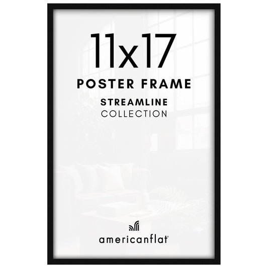Cadre photo Americanflat 11x17 avec plexiglas poli - Collection Streamline - Cadre photo à bordure fine pour accrochage mural - Matériel de suspension inclus - Noir