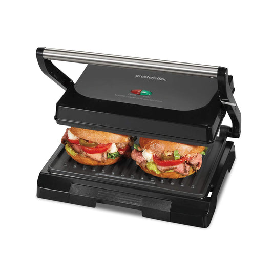 Proctor Silex 4 Serving Panini Press, Sandwich Maker and Compact Indoor Grill, Upright Storage, Easy Clean Nonstick Grids, Black (25440PS) - Available at All In One Marketplace Canada