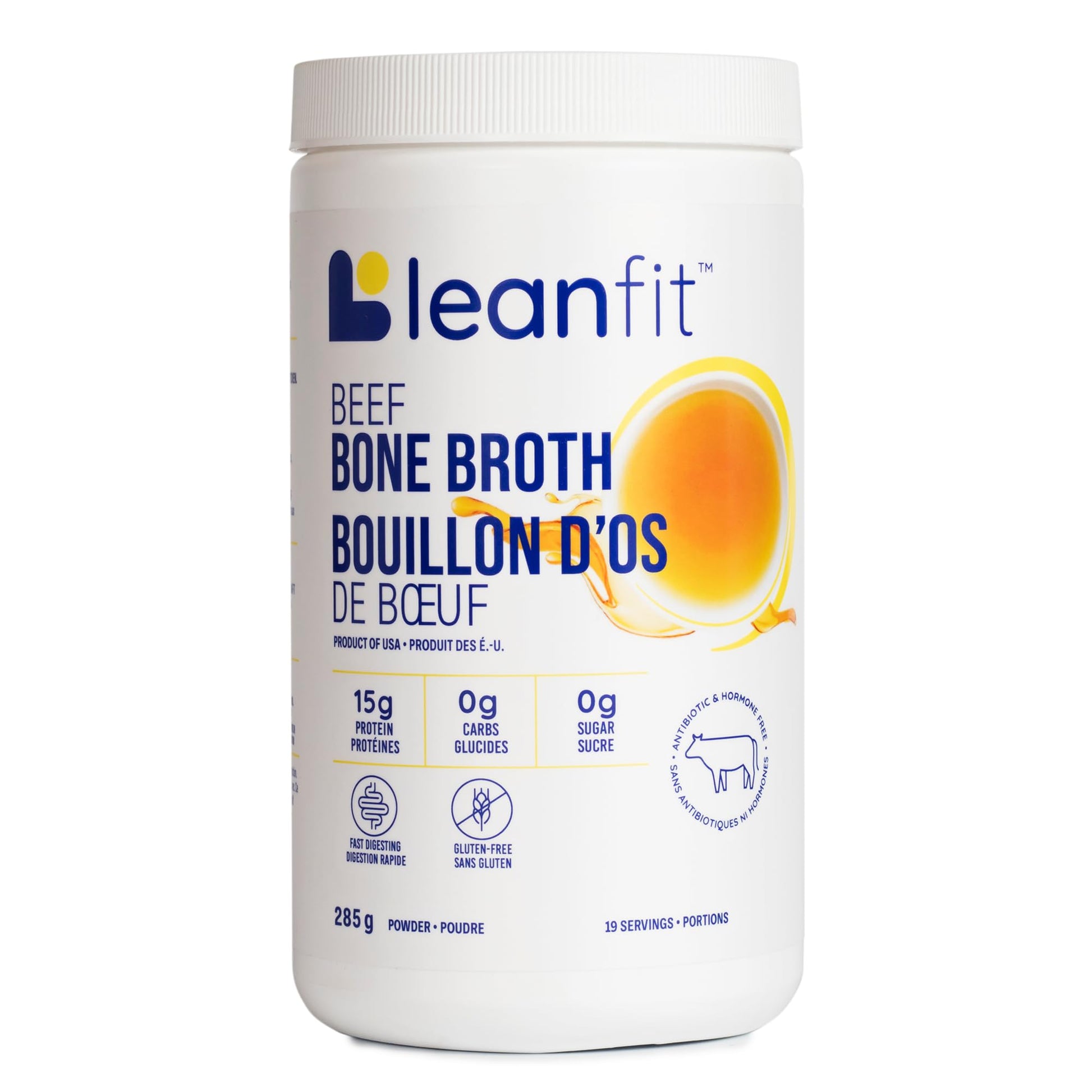 LeanFit Grass-Fed Beef Bone Broth Powder - 15g Protein, 19 Servings, 285g