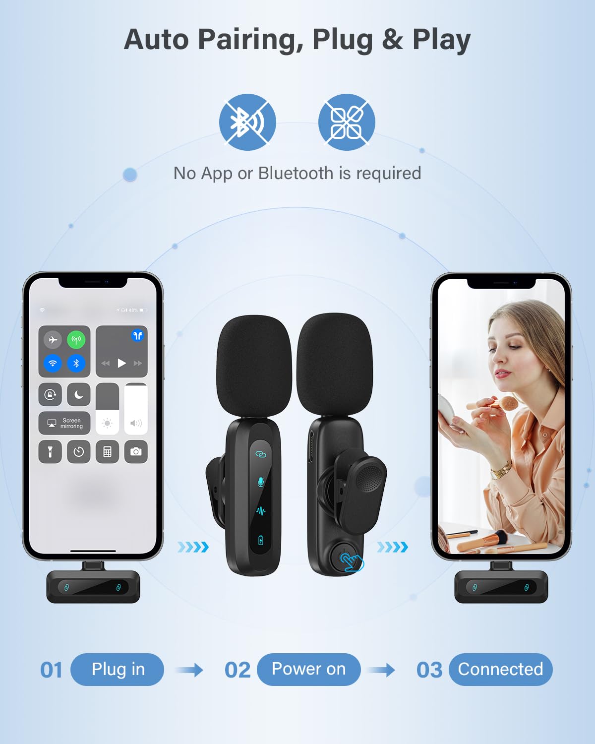 Wireless Lavalier Microphone for iPhone, iPad, Android Phone，2-Pack Mini Microphone with Noise Reduction, Auto Pairing and Mute & Reverb for Vlogging, Video Recording, TikTok, YouTube - Plug & Play