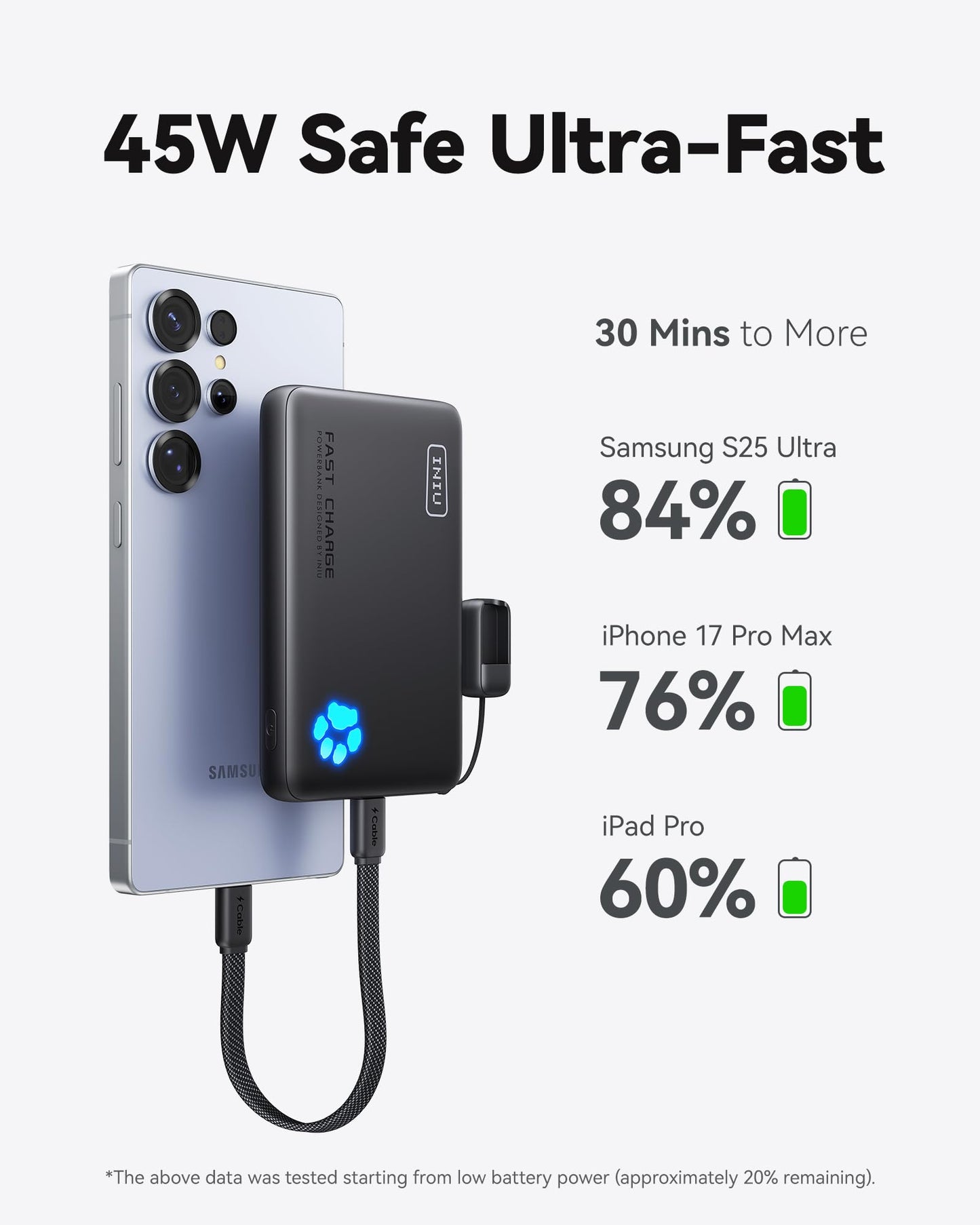 INIU Power Bank, 40% Smaller 10000mAh Portable Charger, 45W Ultra Fast Charging Powerbank with Detachable USB C Cable, Flight-Safe Travel External Battery Pack for iPhone 17 16 Samsung Google iPad etc - Available at All In One Marketplace Canada