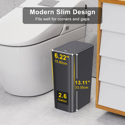 3 Pack 10 Liter Bathroom Trash Can with lid, 2.6 Gallon Kitchen Trash Can,Small Garbage Can Slim Compost Bin Waste Basket for Bathroom,Kitchen,Bedroom,Living Room,Office,Laundry - Black