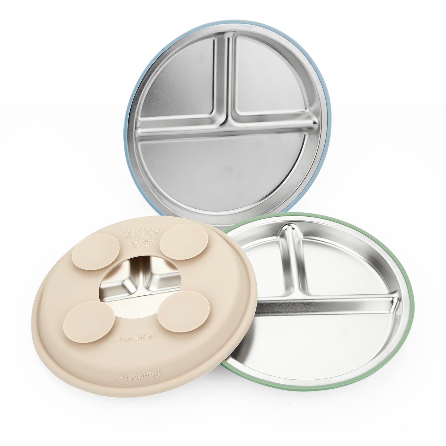 PandaEar 3 Pack Stainless Steel Baby Plates with Suction, Divided Toddler Plate for Baby Led Weaning Supplies, Non-Slip Suction Plates Baby Feeding Set, Dishwasher Safe (Blue/Green/Brown) - Available at All In One Marketplace Canada
