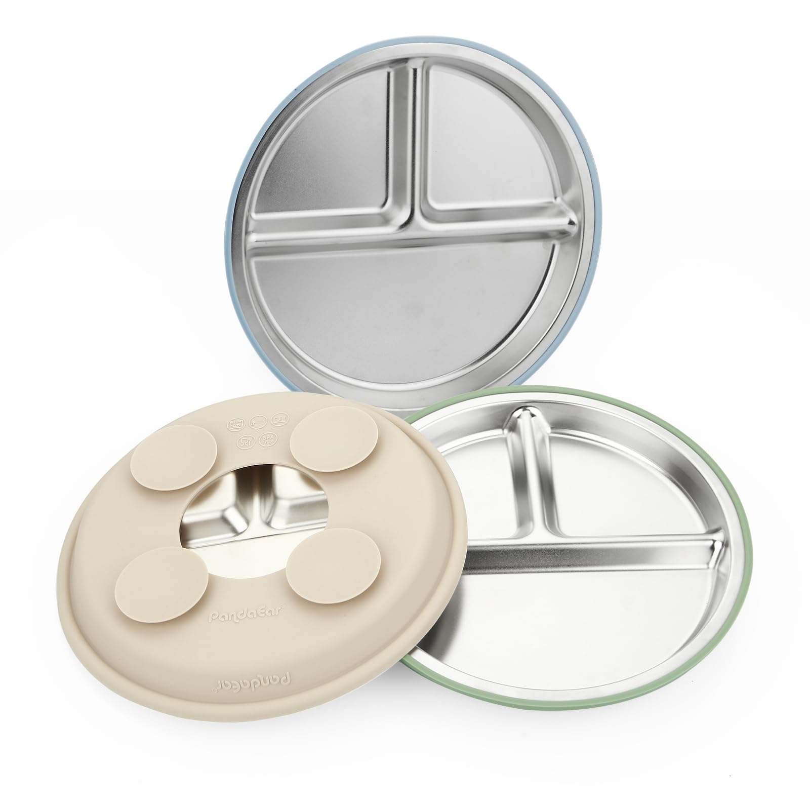 PandaEar 3 Pack Stainless Steel Baby Plates with Suction, Divided Toddler Plate for Baby Led Weaning Supplies, Non-Slip Suction Plates Baby Feeding Set, Dishwasher Safe (Blue/Green/Brown) - Available at All In One Marketplace Canada