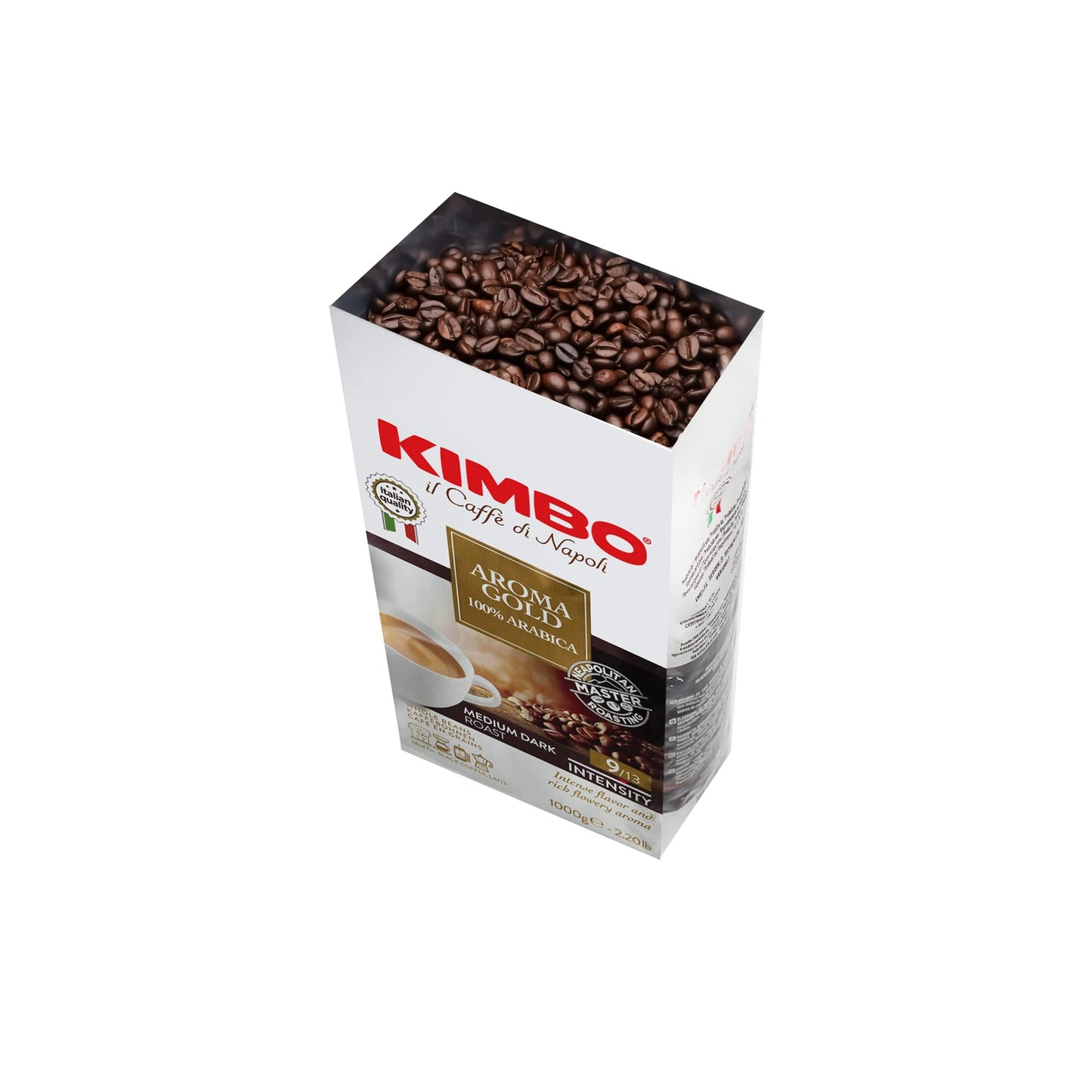 Kimbo Aroma Gold Whole Bean Coffee | Medium-Dark Roast, Intensity 9/13 | 100% Arabica | Italian Roasted & Blended | 1 kg Bag