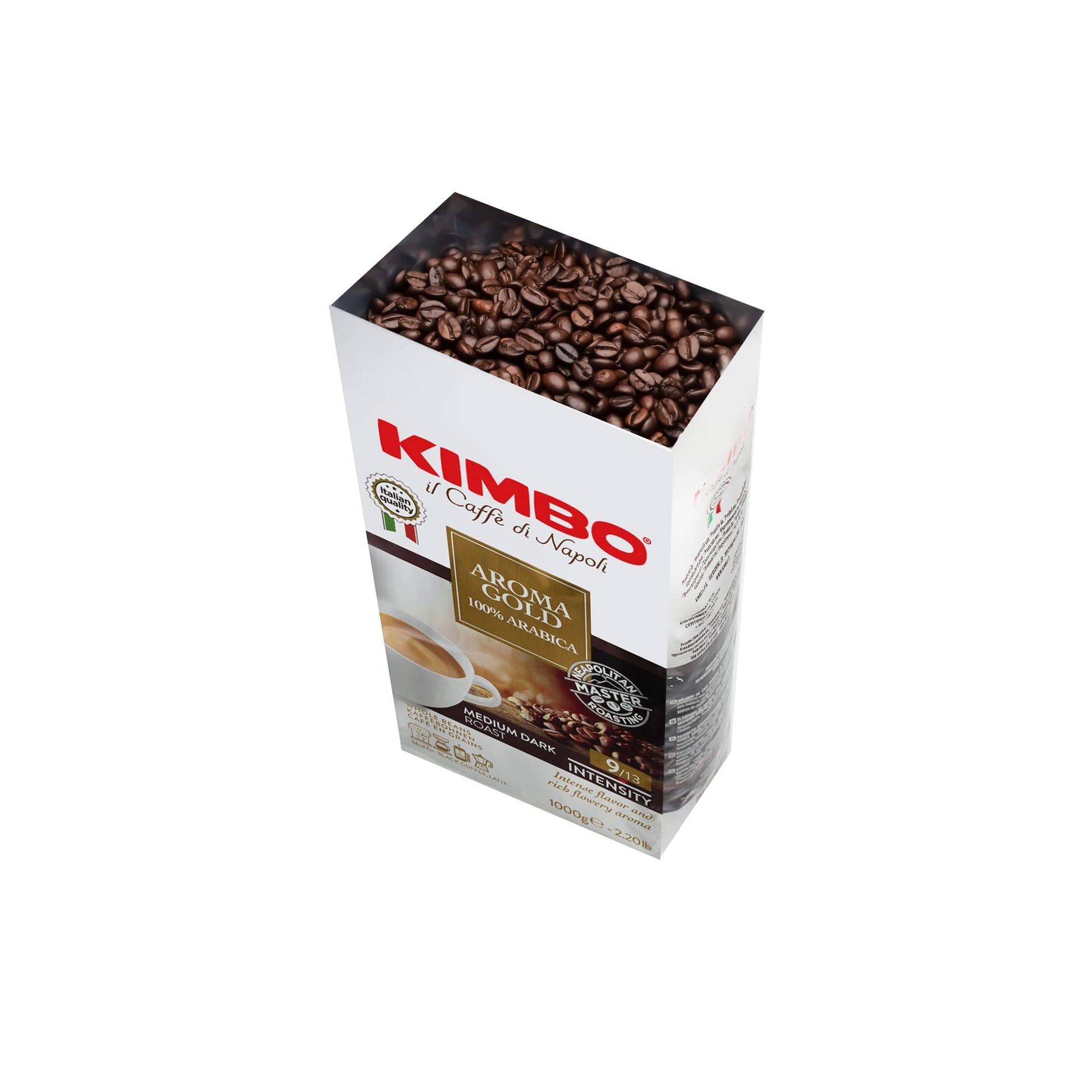 Kimbo Aroma Gold Whole Bean Coffee | Medium-Dark Roast, Intensity 9/13 | 100% Arabica | Italian Roasted & Blended | 1 kg Bag