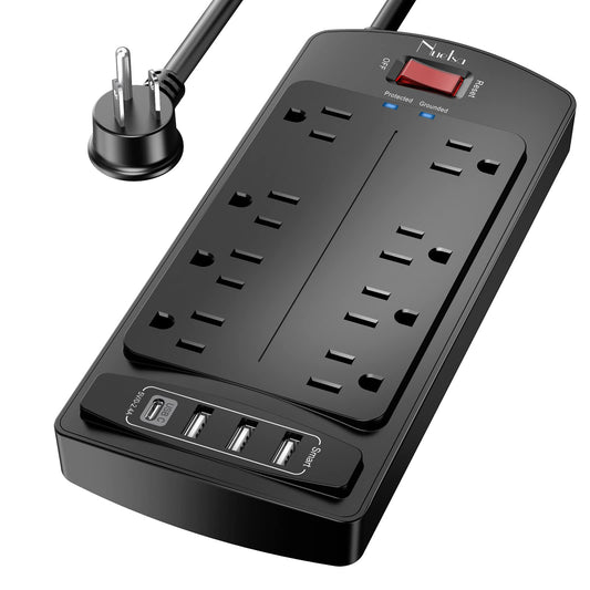 6Ft Extension Cord Power Bar, Nuetsa Surge Protector 8 AC Outlets and 4 USB Ports(3U1C), 6 Feet Power Strip (1625W/13A) for Home, Office, 2700 Joules, ETL Listed, Black