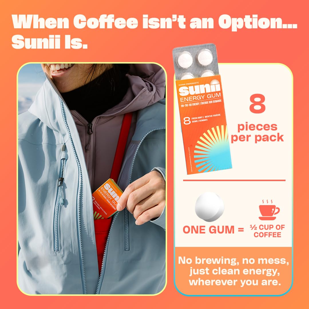 Sunii Nootropic Energy Gum - Quick Boost Energy & Focus - 100mg Caffeine Gum, Fresh Mint Taste - Vitamins B6 & B5, Taurine, Vegan, No Sugar, 5 Calorie, Faster than Chews, Drinks, Gels & Pills (24pcs) 🍁 All In One Marketplace Canada