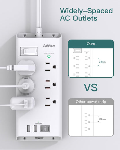 Power Strip Surge Protector - Addtam 10Ft Long Extension Cord with 6 Outlets and 4 USB Ports(2USB C), Flat Plug Overload Surge Protection Outlet Strip, Wall Mount for Home, Office and More