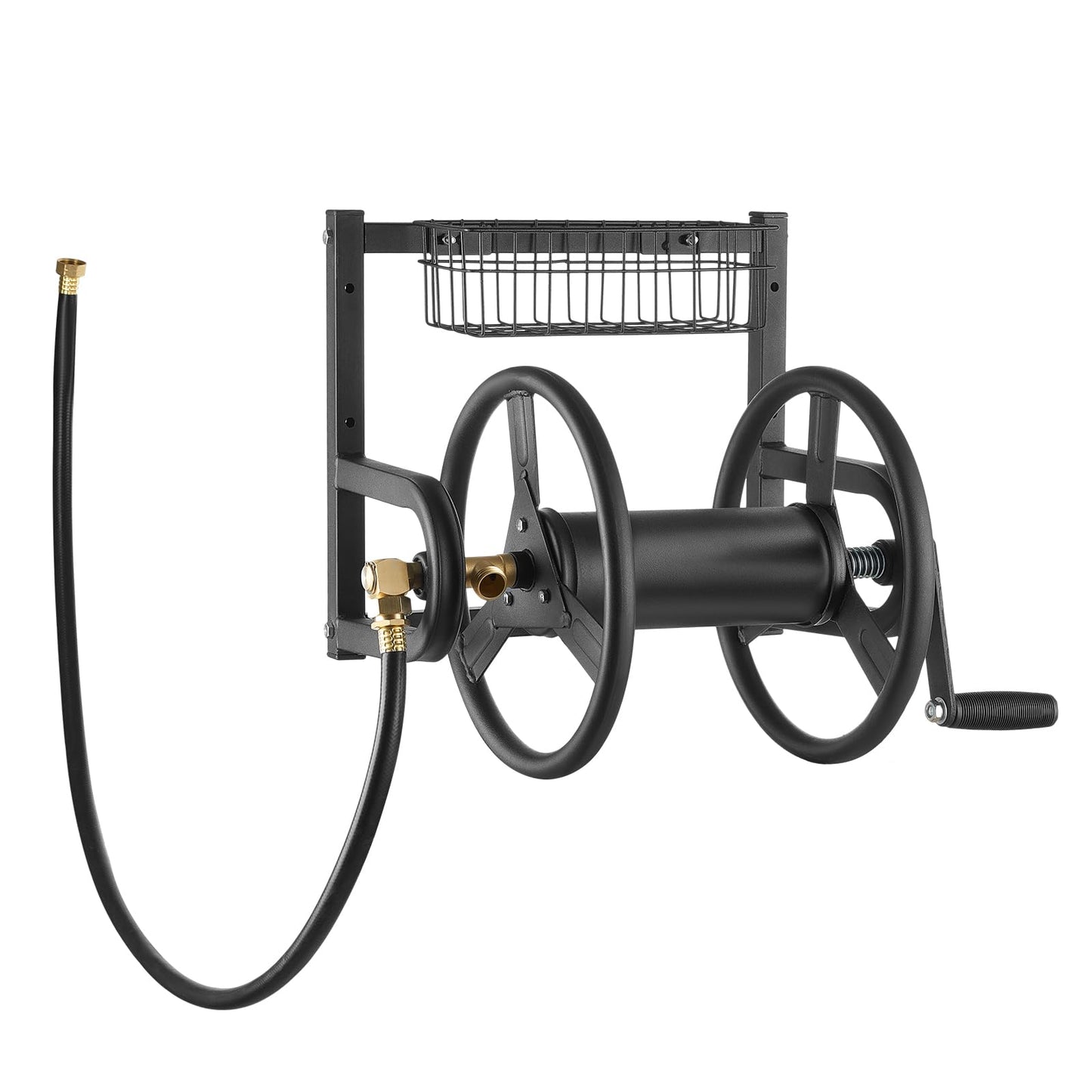 VEVOR Wall Mounted Garden Hose Reel, Holds 125 ft 5/8-inch Hose, Heavy-Duty Water Hose Winder, Space-Saving Design, Outdoor Manual Reel with Brass Fitting and Storage Basket for Yard Lawn VEVOR