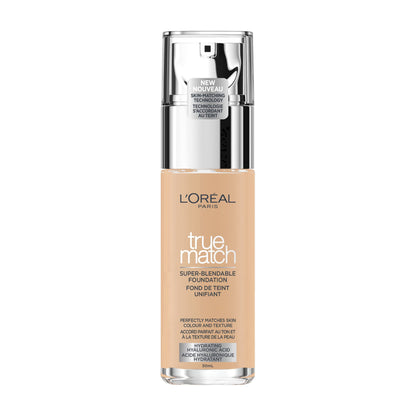 L'Oreal Paris True Match Super-Blendable Foundation, Medium Coverage Liquid Foundation Makeup, Skincare Infused with Hyaluronic Acid, 3N, 30 mL