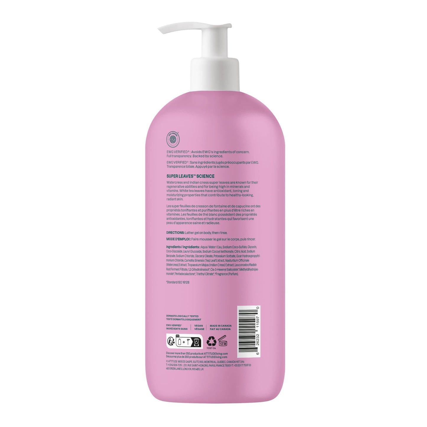 ATTITUDE Body Wash, Made in Canada, EWG Verified Shower Gel, Dermatologically Tested, Plant and Mineral-Based, Vegan Personal Care Products, White Tea Leaves, 946 mL - Available at All In One Marketplace Canada