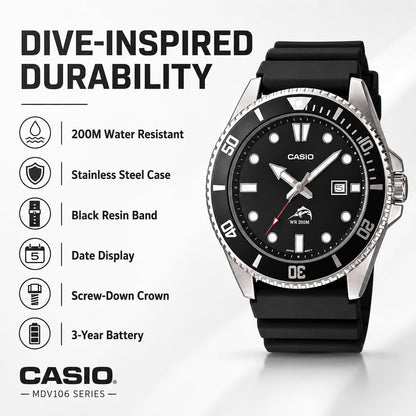 Casio Men’s MDV106-1AV 200M Duro Analog Watch, Black Casio