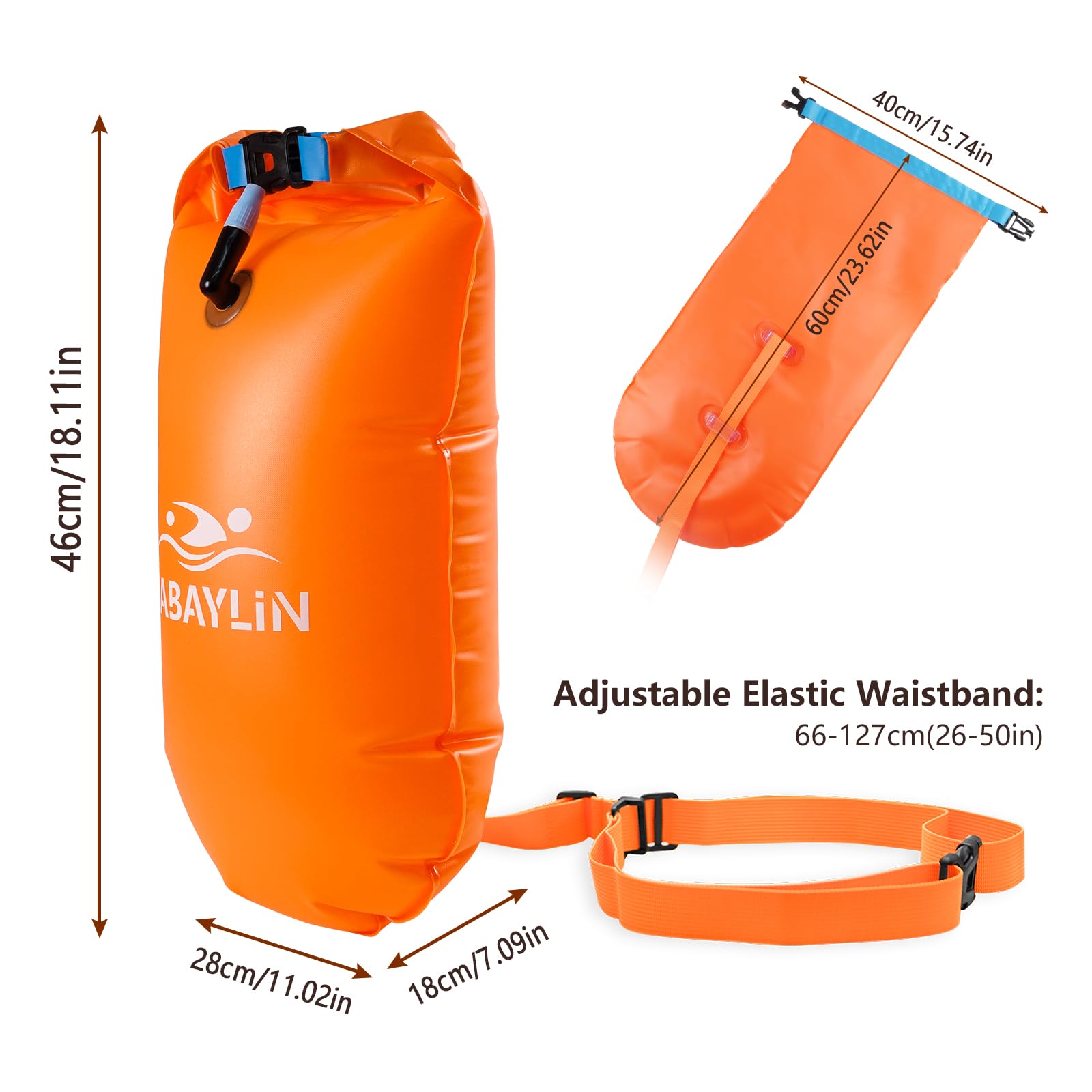 20L Swim Buoy, Swim Buoy with Storage for Kids and Adults, Waterproof Inflatable Dry Bag Swim Safety Float for Water Sports, Open Water Swimmers, Triathletes, Kayakers and Snorkelers, Orange