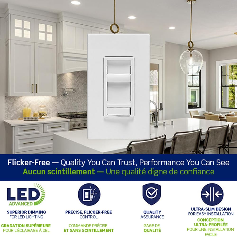 Leviton 2-Pack SureSlide Dimmer Switch for Dimmable LED, Halogen and Incandescent Lighting, 66741-2PK, Wallplates Included, White