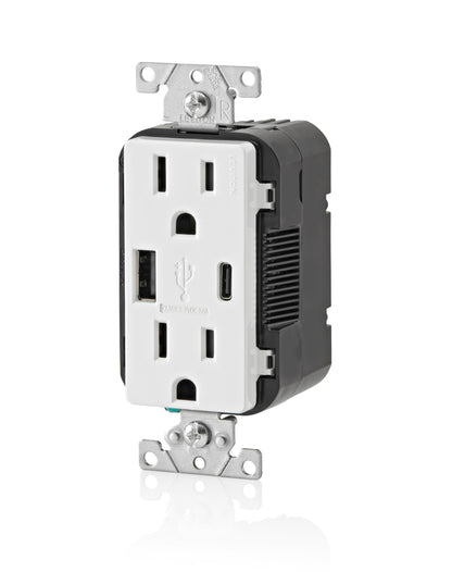Leviton Tamper-Resistant Outlet, 3-Pack USB Type A/Type-C Wall Outlet Charger, 15 Amp, T5638-B3W, White
