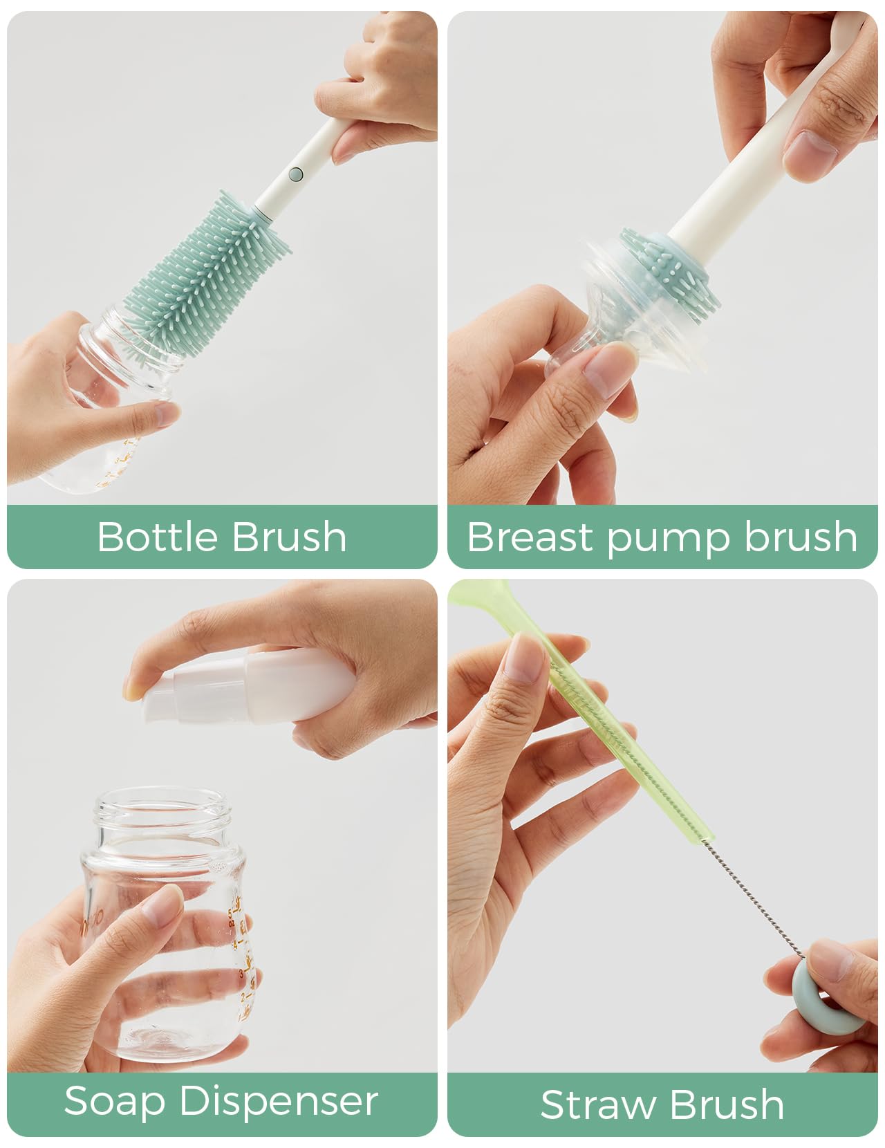 Momcozy 7 in 1 Travel Bottle Cleaning Kit - Baby Bottle Cleaner Set with Silicone Brush, Nipple Brush, Straw Brush, Soap Dispenser, Drying Rack - Home and Travel Bottle Cleaning Tools for Infants