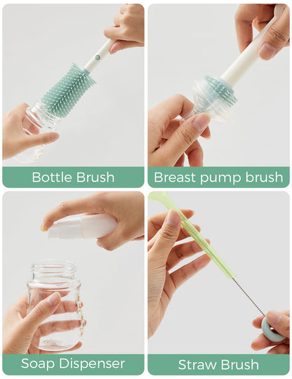 Momcozy 7 in 1 Travel Bottle Cleaning Kit - Baby Bottle Cleaner Set with Silicone Brush, Nipple Brush, Straw Brush, Soap Dispenser, Drying Rack - Home and Travel Bottle Cleaning Tools for Infants
