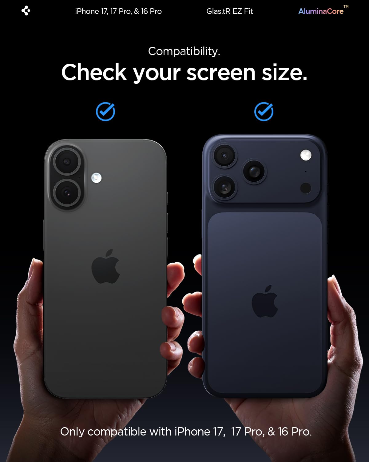 Spigen AluminaCore Tempered Glass Screen Protector [Glas.tR EZ Fit] designed for iPhone 17 Pro | iPhone 17 | iPhone 16 Pro [2 Pack] 9H+ Hardness, Aluminum-Enhanced Durability - Available at All In One Marketplace Canada