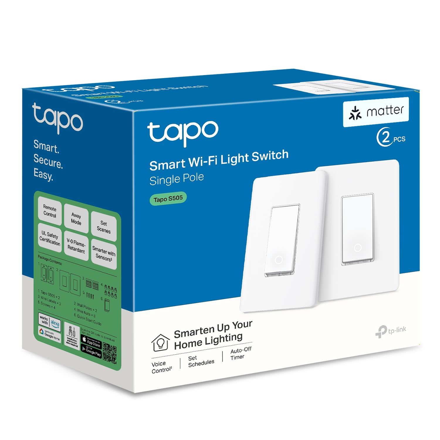 TP-Link Tapo Smart Light Switch, Matter Compatible, Single Pole, Neutral Wire Required, Voice Control w/Siri, Alexa & Google Home, UL Certified, Timer & Schedule, Guided Install, Tapo S505(2-Pack) Tapo