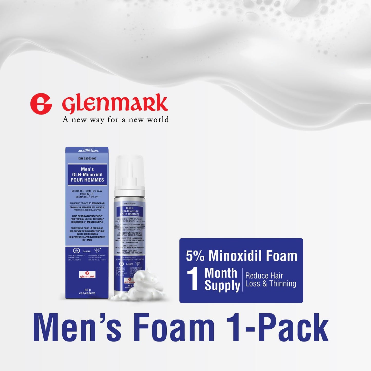 Glenmark | Minoxidil 5% Hair Regrowth Foam for Men, Aerosol Can, 1 Month Treatment (60 gr) – Mess-Free, Fast-Drying Formula for Thinning Hair & Hair Loss – Reactivates Follicles