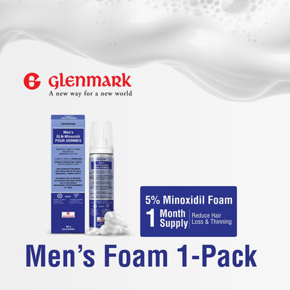 Glenmark | Minoxidil 5% Hair Regrowth Foam for Men, Aerosol Can, 1 Month Treatment (60 gr) – Mess-Free, Fast-Drying Formula for Thinning Hair & Hair Loss – Reactivates Follicles