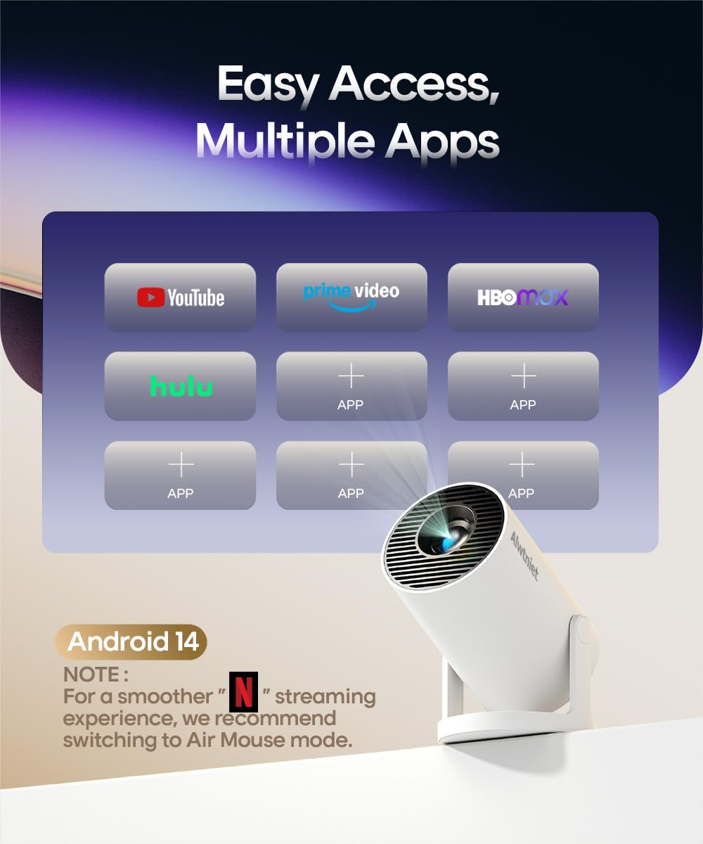 HY300PRO Mini Projector with WiFi and Bluetooth, 4K Support 200ANSI Smart Portable Projector, Auto Keystone, 180° Rotation, Home Video Projecteur for Home Bedroom Outdoor Android 14