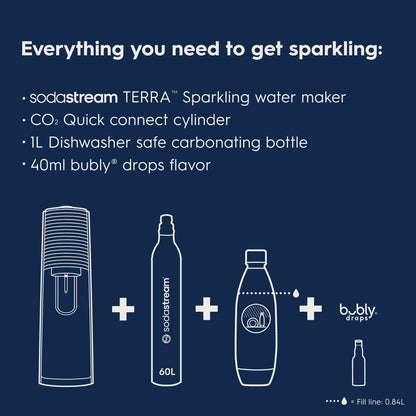 SodaStream Terra Sparkling Water Maker (Blue) with CO2 Cylinder, 1L Dishwasher Safe Bottle & Bubly Drink Sodastream