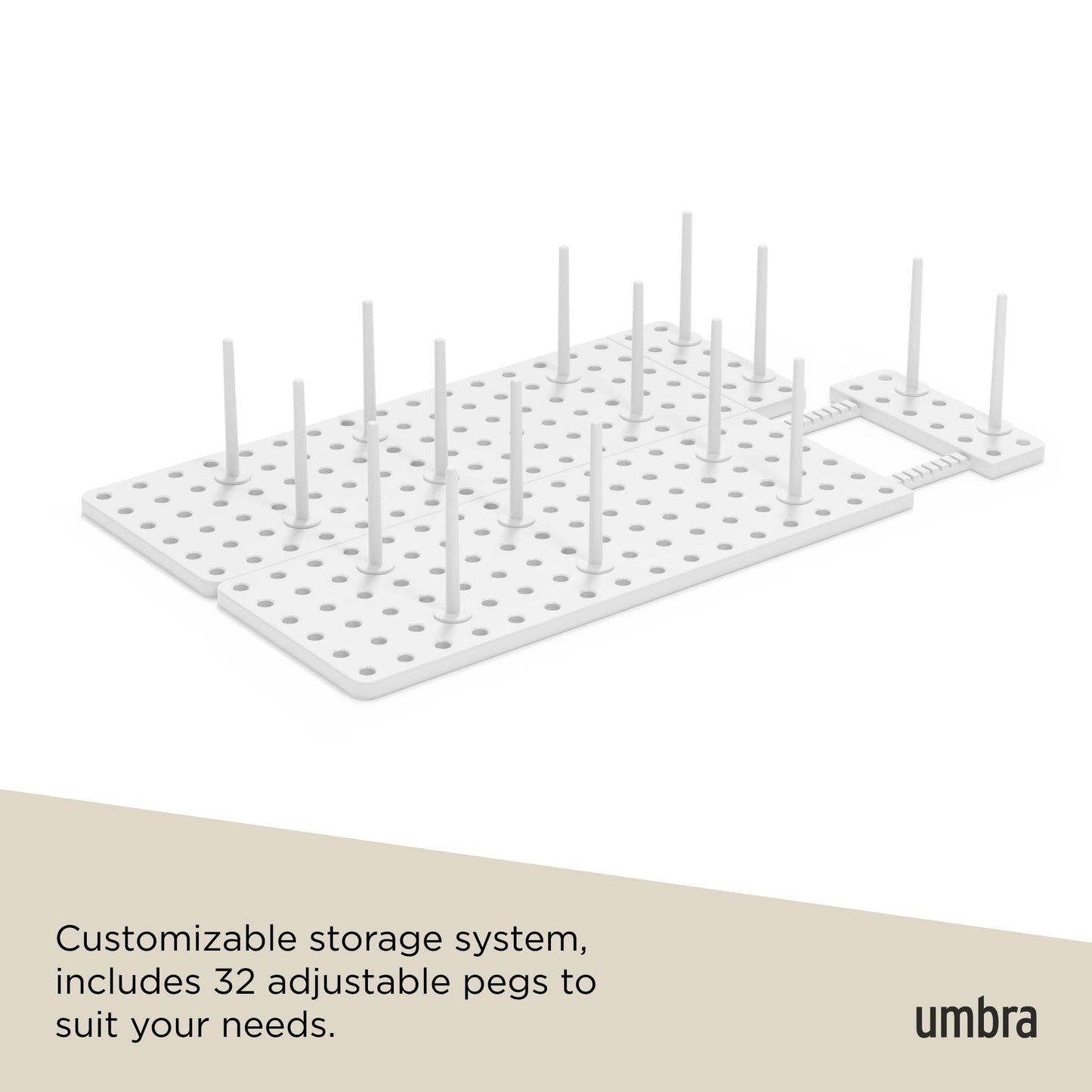 Umbra Peggy Kitchen Drawer Cupboard Organizer Tray - Adjustable Storage System For Food Containers, Cookware, Serveware, Utensils and More, White Umbra