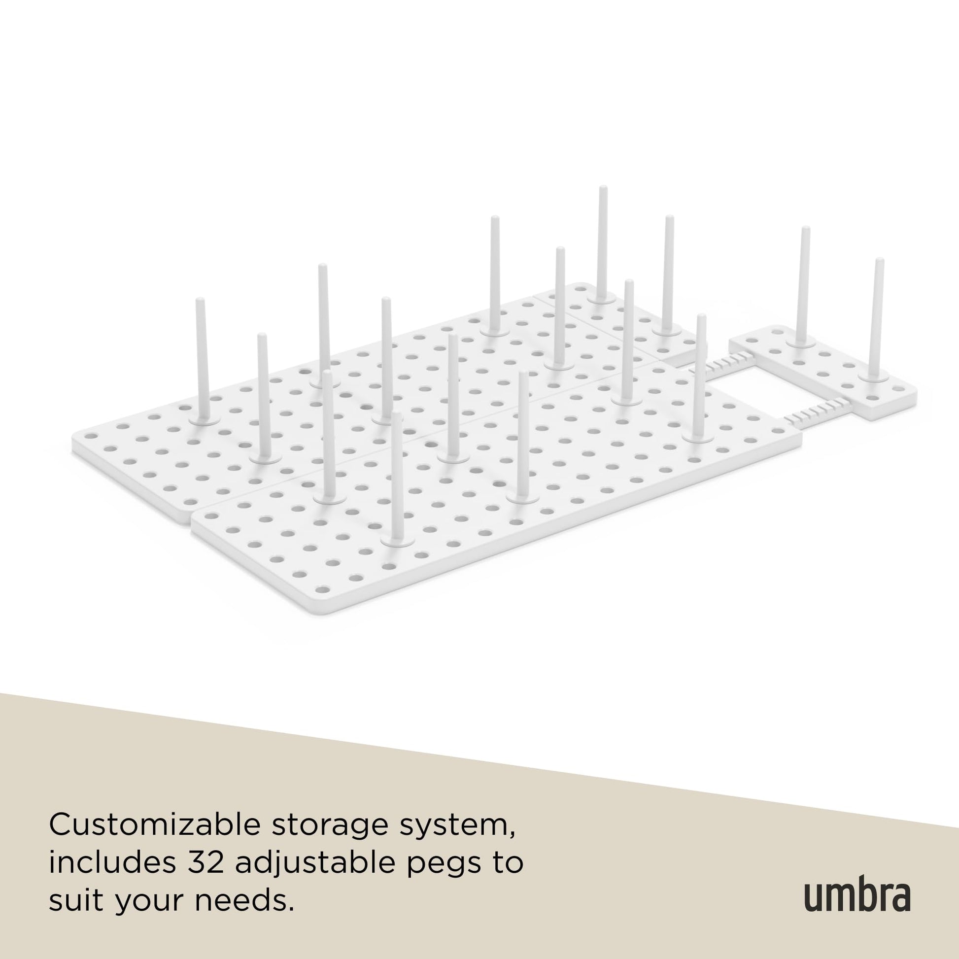 Umbra Peggy Kitchen Drawer Cupboard Organizer Tray - Adjustable Storage System For Food Containers, Cookware, Serveware, Utensils and More, White Umbra