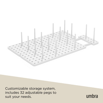 Umbra Peggy Kitchen Drawer Cupboard Organizer Tray - Adjustable Storage System For Food Containers, Cookware, Serveware, Utensils and More, White Umbra