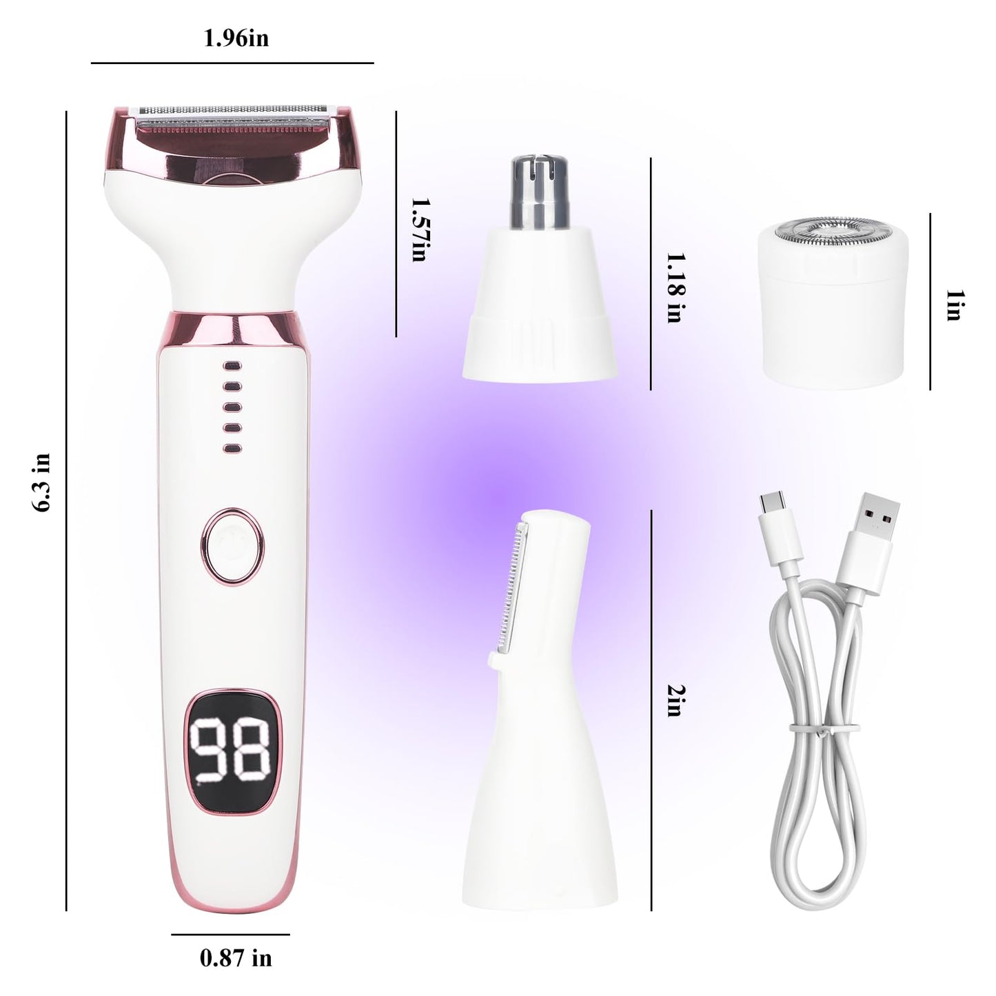 Beanify Electric Razor for Women Men,4 in 1 LED Display Ladies Wet & Dry Body Razors and Facial Hair Remover, Rechargeable Painless Hair Removal Kit for Nose Face Body Leg Bikini Arm Hair (Pink) - Available at All In One Marketplace Canada