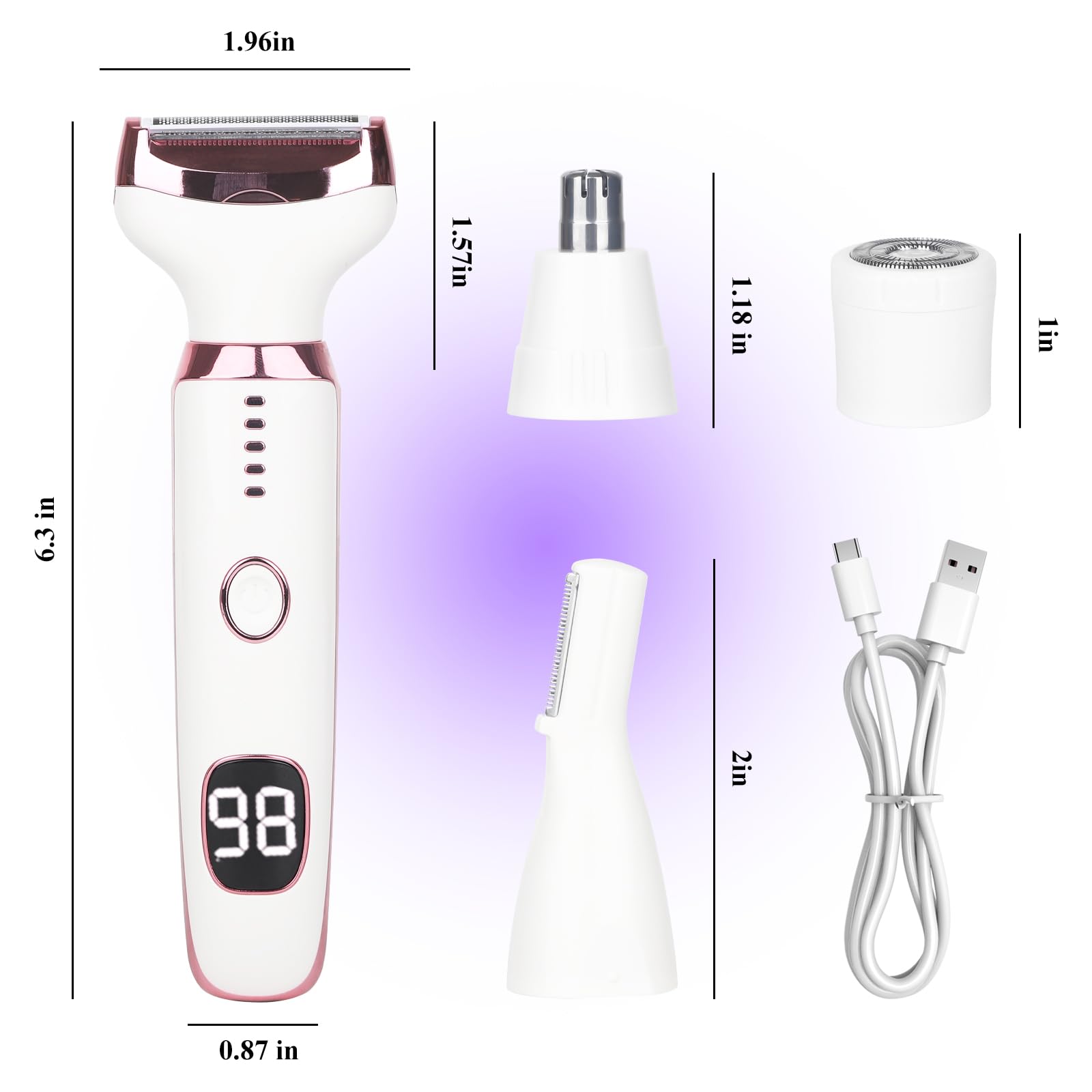 Beanify Electric Razor for Women Men,4 in 1 LED Display Ladies Wet & Dry Body Razors and Facial Hair Remover, Rechargeable Painless Hair Removal Kit for Nose Face Body Leg Bikini Arm Hair (Pink) - Available at All In One Marketplace Canada
