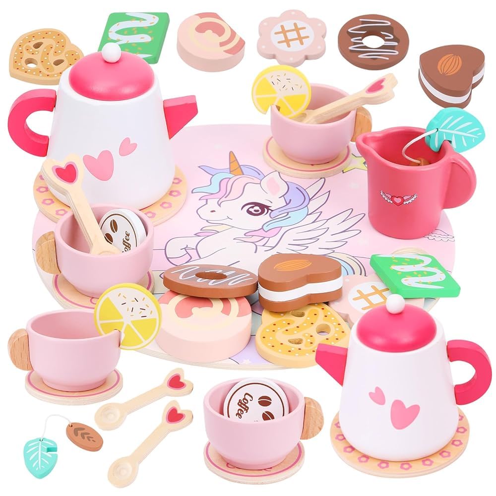 LOYO Unicorn Wooden Tea Party Set, Pretend Play Toddler Girl Toys Ages 3-5 🍁 All In One Marketplace Canada