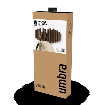 Umbra Picket Wall-Mounted Coat Rack Rail Hook with 5 Retractable Wood Pegs – Modern, Space-Saving Storage Organizer, Walnut Umbra