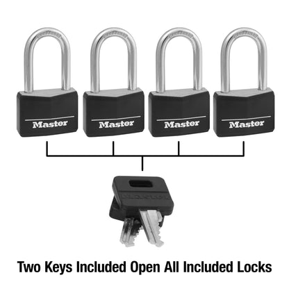 Master Lock Covered Aluminum Padlock with Key, 4 Pack Keyed Alike, Black, 141QLF