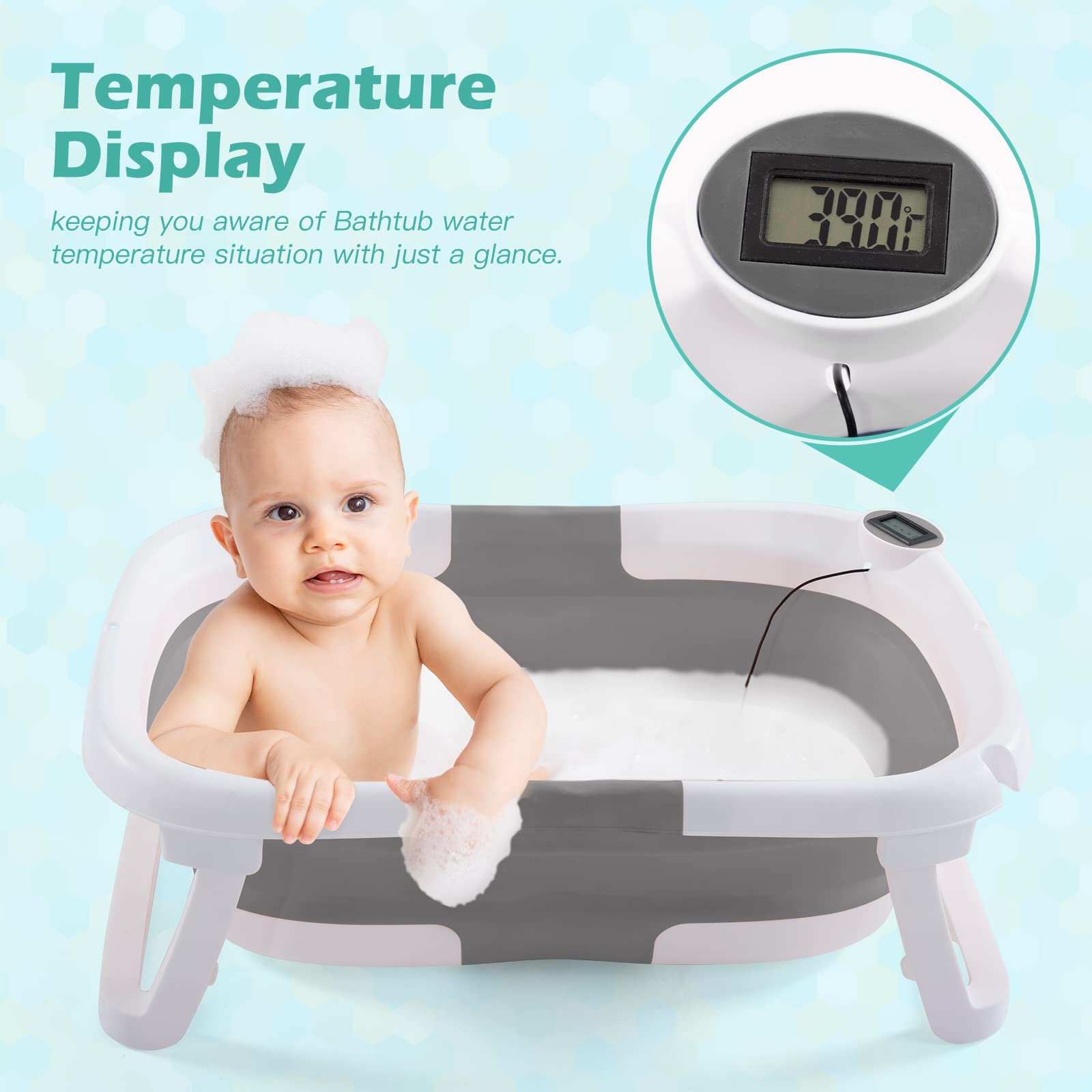 Baby BathTub, 4-in-1 Newborn to Toddler Tub with Temperature Sensor,Infant Waterproof Ear Cap and Soft Cushion included,Grey