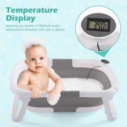 Baby BathTub, 4-in-1 Newborn to Toddler Tub with Temperature Sensor,Infant Waterproof Ear Cap and Soft Cushion included,Grey