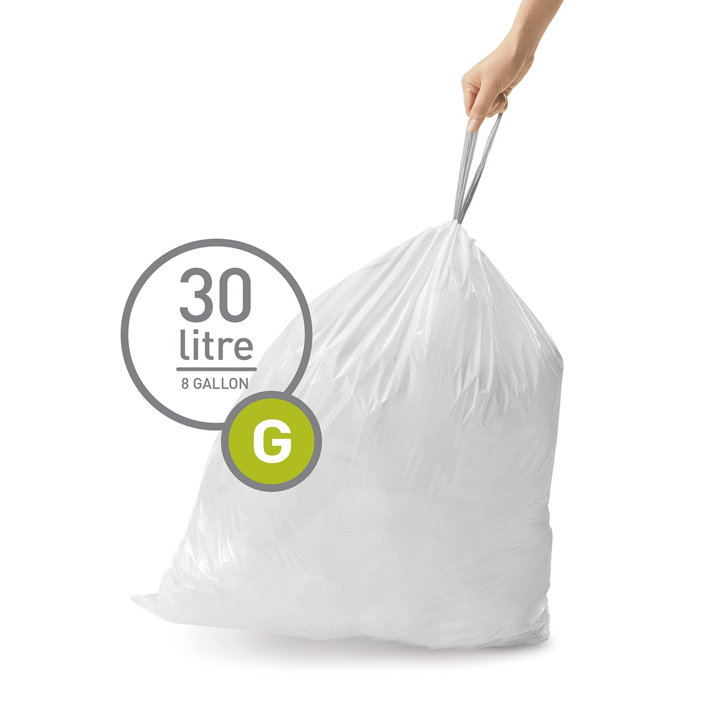 simplehuman Code G 60 Count, Dispenser Pack Custom Fit Liners, Drawstring Trash Bags, 30L / 8 Gallons, White simplehuman