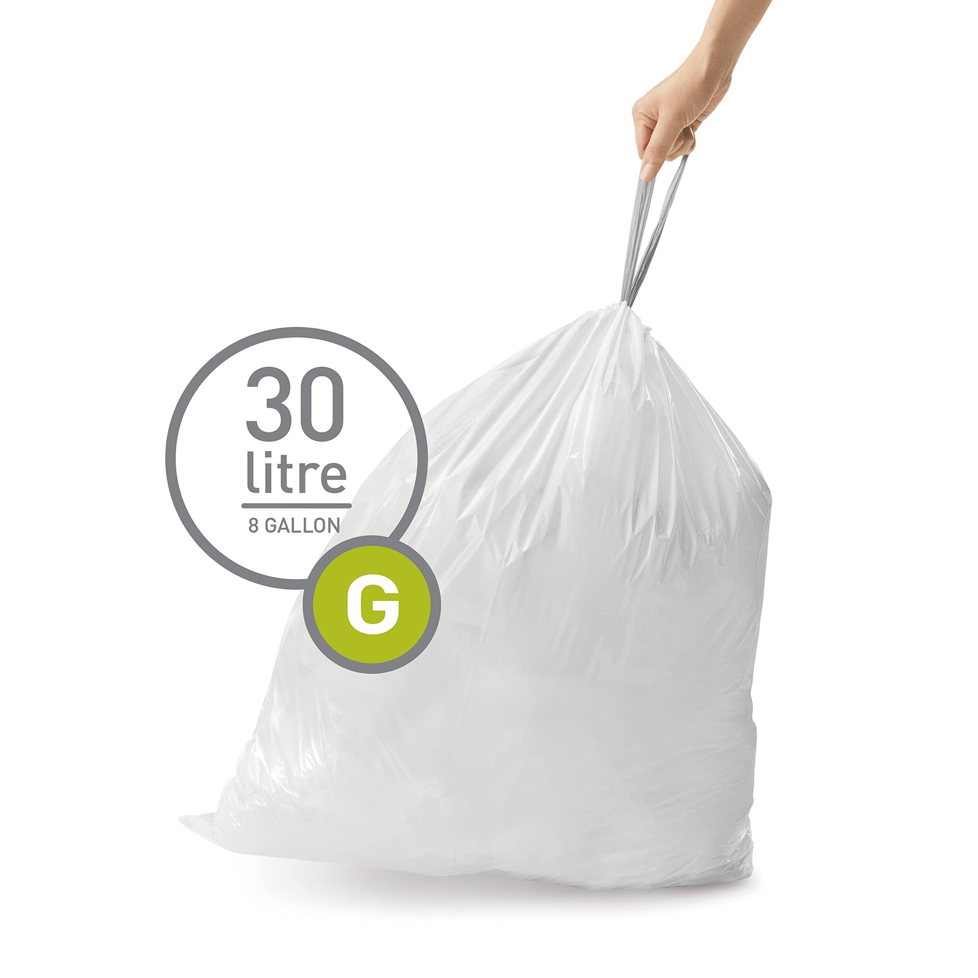 simplehuman Code G 60 Count, Dispenser Pack Custom Fit Liners, Drawstring Trash Bags, 30L / 8 Gallons, White simplehuman